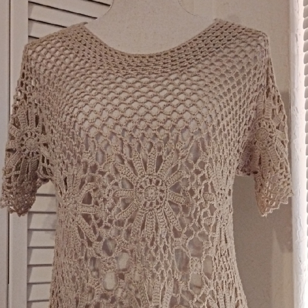Roz & Ali Tan Crochet Lace Blouse - Picture 2 of 5